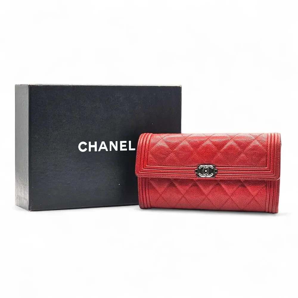 Chanel Boy Wallet Caviar Leather Red with Antique Silver HW 22 series with box